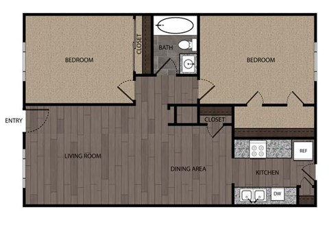 Floor plan for 2 beds, 1 bath, 900 sqft